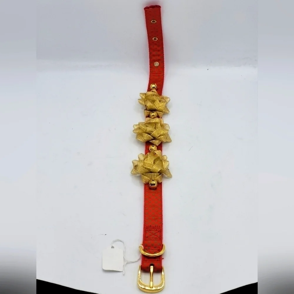 Festive Red & Gold Floral Jingle Bell Dog Collar - Christmas Holiday Size M/L